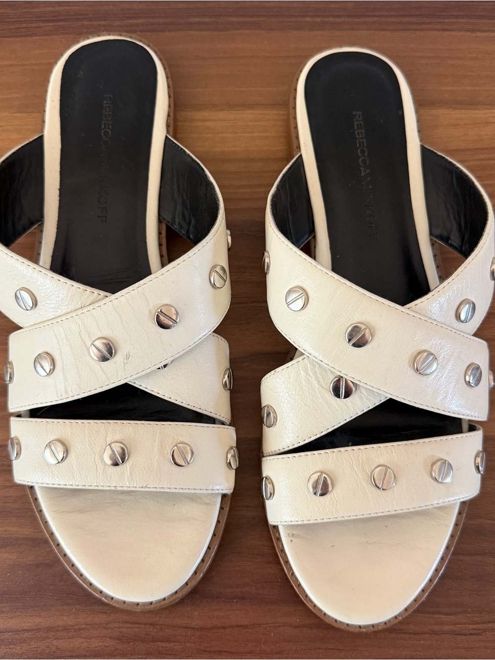 Rebecca Minkoff Ivory Leather Studded Slide Sandals